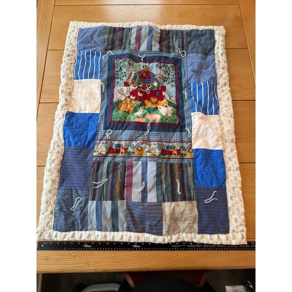 Vintage Noahs Ark Patchwork Baby Quilt Blue Nursery OS‎ Cottagecore Minimalist